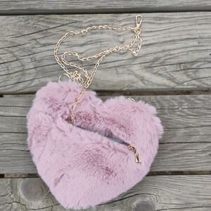 Heart-Shaped Faux Fur Crossbody Bag - Pink